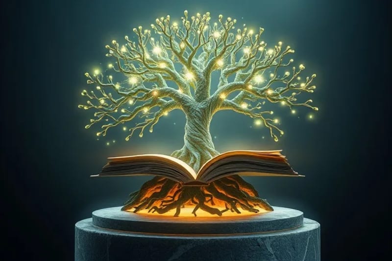 Representación abstracta 3D de un árbol de energía luminosa con raíces en la Tierra, simbolizando la sanación y regeneración de ecosistemas.