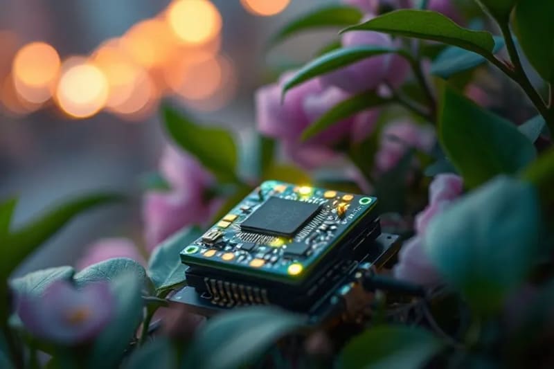 Primer plano de un sensor IoT delicadamente colocado entre hojas verdes y flores urbanas