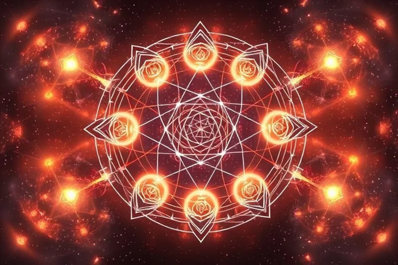 Representación abstracta del campo energético humano, con chakras como vórtices de luz interconectados por patrones geométricos luminosos.