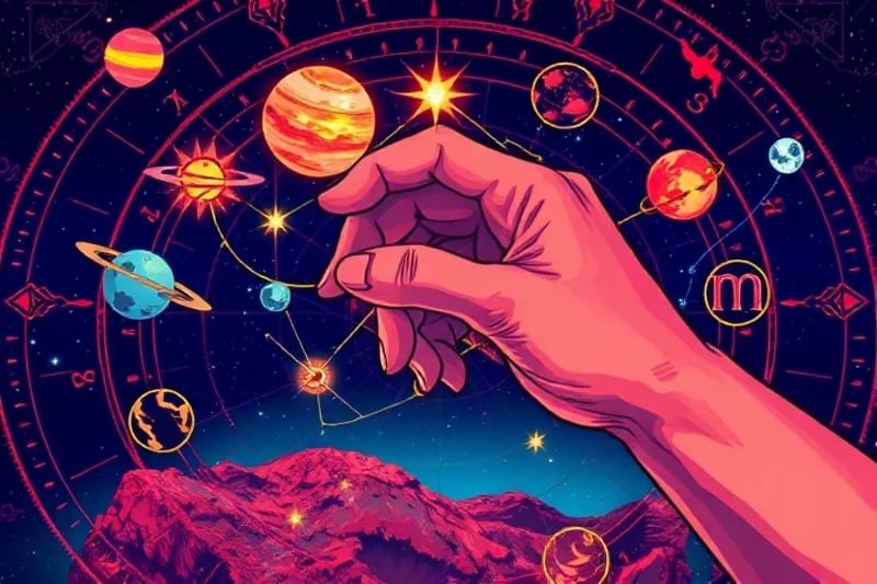 Stylized hand drawing lines connecting planets and zodiac symbols on a celestial map