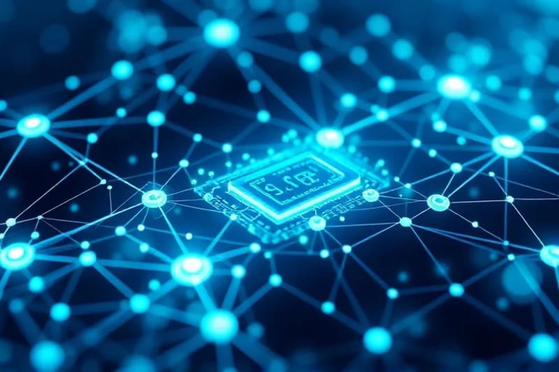 Representación estilizada de nodos de blockchain interconectados, flujos de datos digitales, formas geométricas abstractas