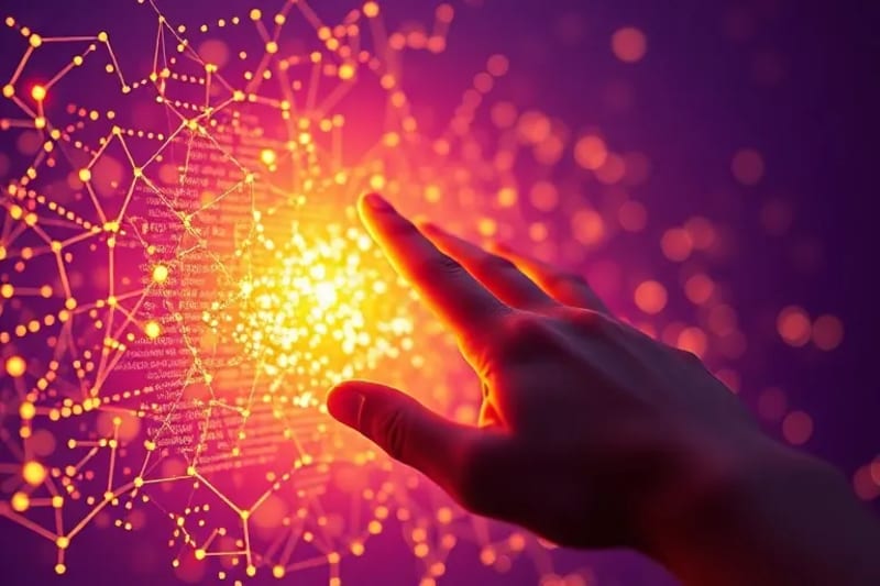 Mano tocando una obra de arte digital etérea y brillante, representando la fusión de la creatividad humana y la IA, partículas luminosas