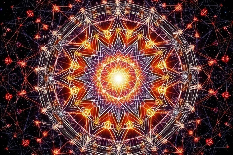 Abstract 3D render of intersecting geometric patterns and light particles forming a dynamic energy grid.