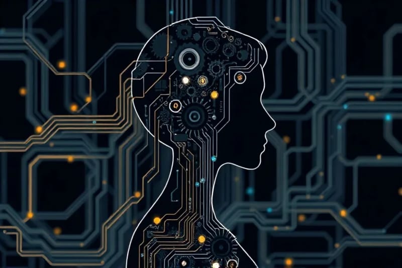 Representación artística de componentes de computación analógica, como engranajes y tubos de vacío, formando un patrón abstracto que simboliza la complejidad y la creatividad.