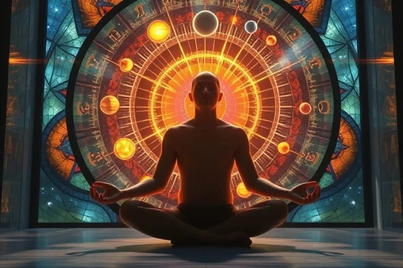 Persona meditando con proyecciones holográficas de planetas