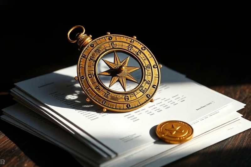 Ancient astrolabe on modern financial reports and a gold coin, lit by soft, directional light.