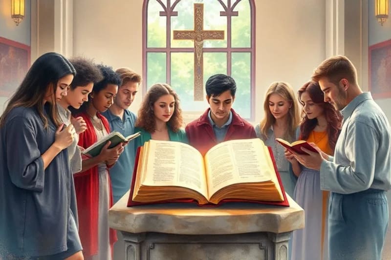 Grupo de jóvenes católicos en comunidad orando juntos