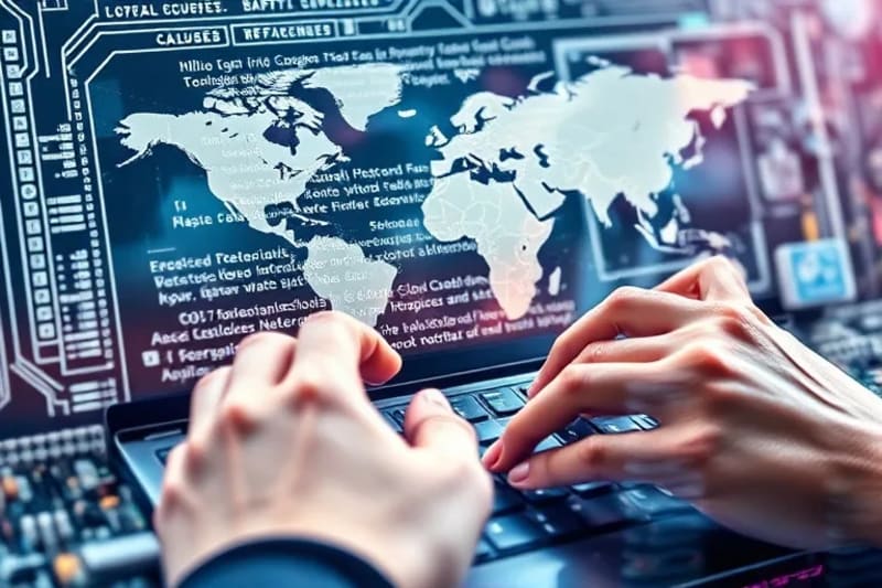 Digital interface with legal clauses and hands typing, symbolizing remote work compliance