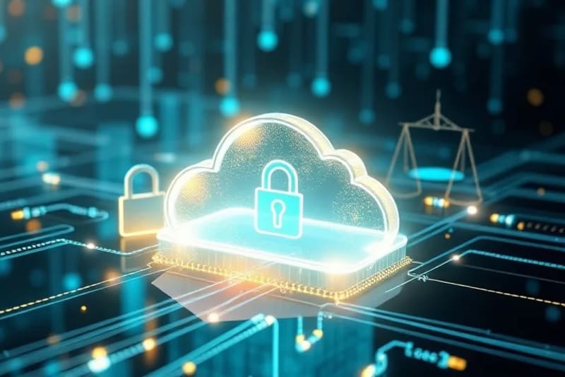 3D render of a secure cloud server with ethical symbols like privacy locks and scales of justice