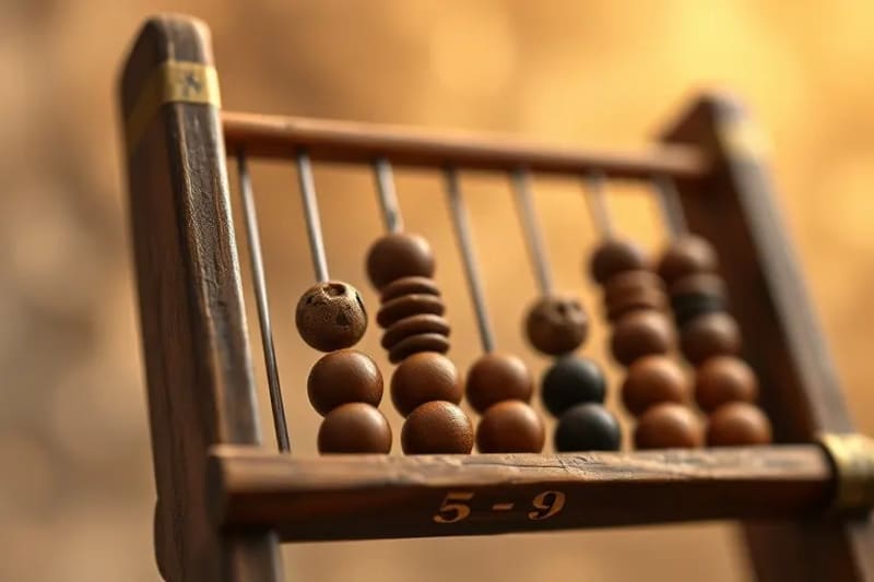 Ancient Tools, Modern Insights Close-up of antique abacus with meaningful numeric sequence