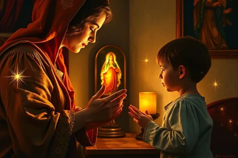 Madre e hijo rezando frente a una imagen de la Virgen María, con una luz suave que ilumina la escena, simbolizando la transmisión de la fe y la devoción mariana en el hogar.