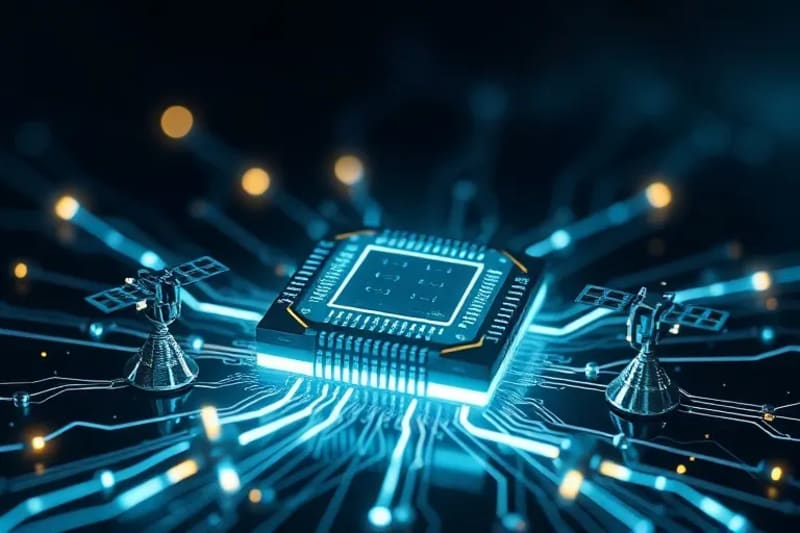 Chip de procesador cuántico con modelos de satélites