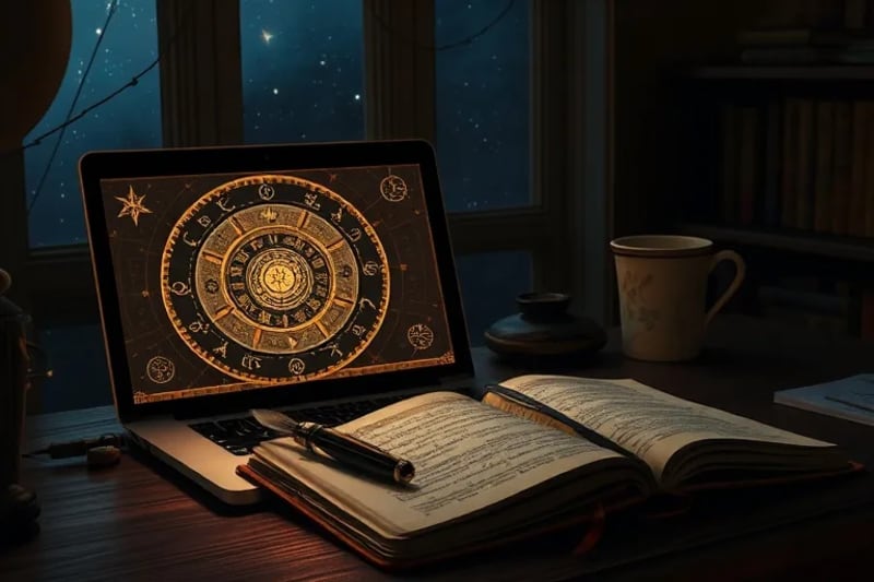 Writer's desk with laptop displaying astrological charts