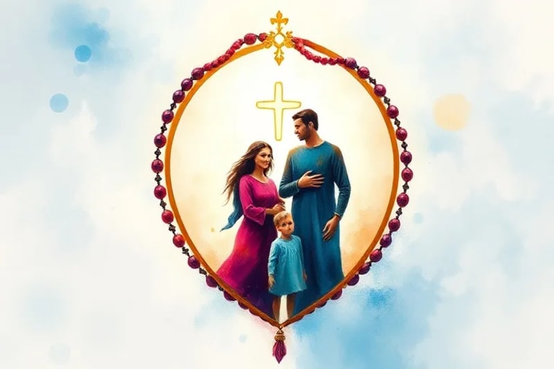 Ilustración digital de una familia estilizada dentro de un escudo protector formado por un rosario, con un fondo suave y celestial, representando la seguridad y la fuerza espiritual que la devoción mariana brinda al hogar.