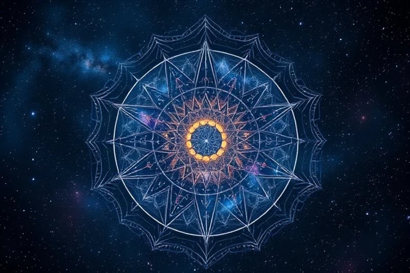 Cosmic Tapestry: Fixed Stars and Galactic Core Celestial tapestry of fixed stars and nebulae, with a glowing vortex representing the Galactic Center, evoking ancient mystery and cosmic grandeur.