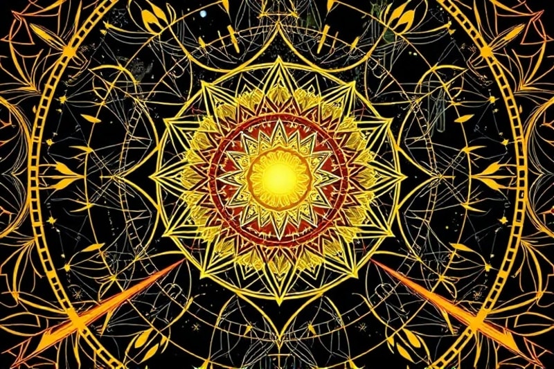 Geometric Cosmic Flows Abstract digital art with intertwined geometric patterns and luminous energy flows, symbolizing cosmic connections and spiritual activation.