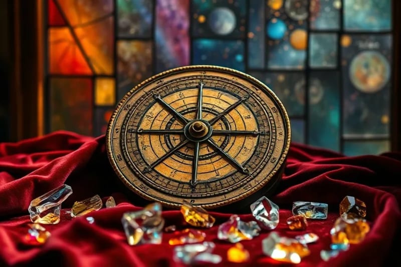Astrolabe of Ancient Wisdom Ancient astrolabe resting on velvet, surrounded by glowing crystal shards, with a faint galaxy map in the background, symbolizing hidden knowledge.