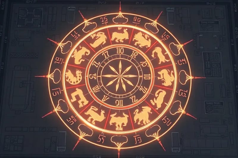 Rueda del Zodiaco Chino integrada en un plano de oficina