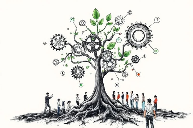 Ilustración de una planta creciendo con raíces engranajes y personas colaborando, simbolizando crecimiento sostenible