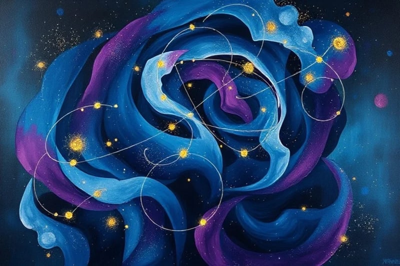 Pintura abstracta al óleo que fusiona formas cerebrales con elementos cósmicos, representando la unidad de la conciencia y el universo.