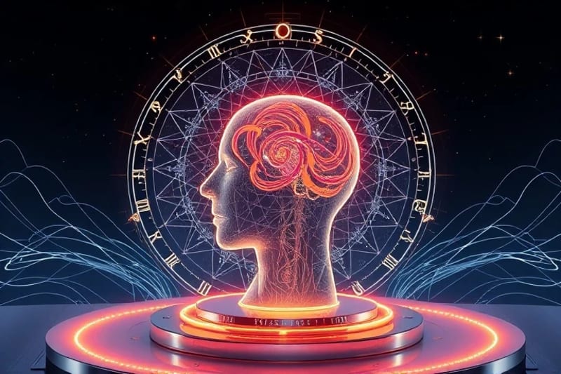 3D render of a bio-resonance device interacting with a holographic human aura showing karmic patterns.