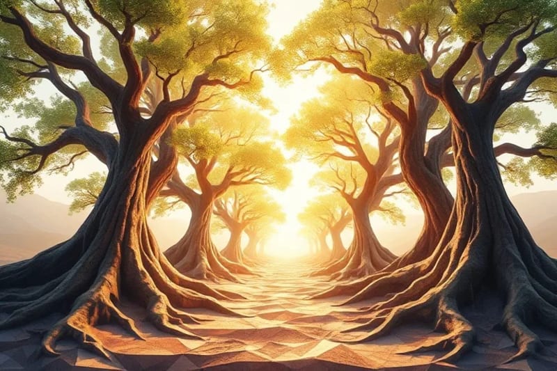 Watercolor painting of ancient trees merging into light, symbolizing release of ancestral burdens and wisdom.