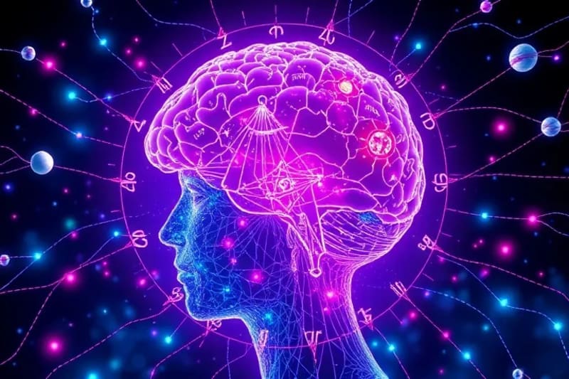 Representación abstracta de una mente humana interactuando con símbolos astrológicos brillantes