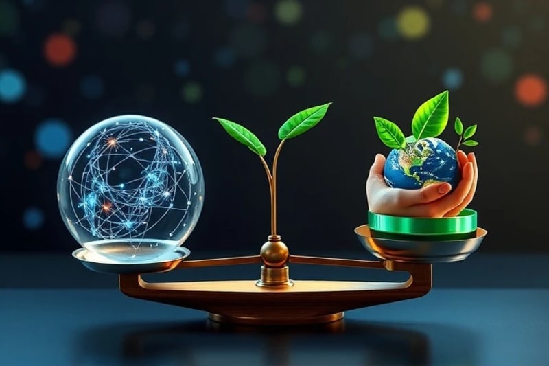 Balanza equilibrada con símbolos de datos cuánticos y ética de inversión