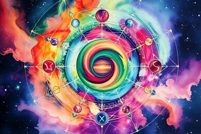 Abstract watercolor painting depicting planetary energies, some radiating light (dignified) and others muted (debilitated).
