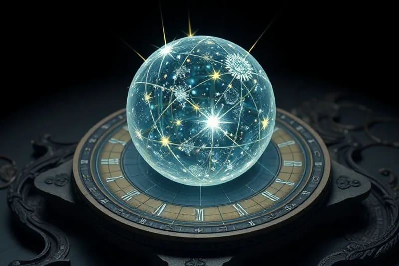 Holographic projection of a celestial sphere with prominent fixed stars emitting unique auras, floating above an ancient astrolabe.