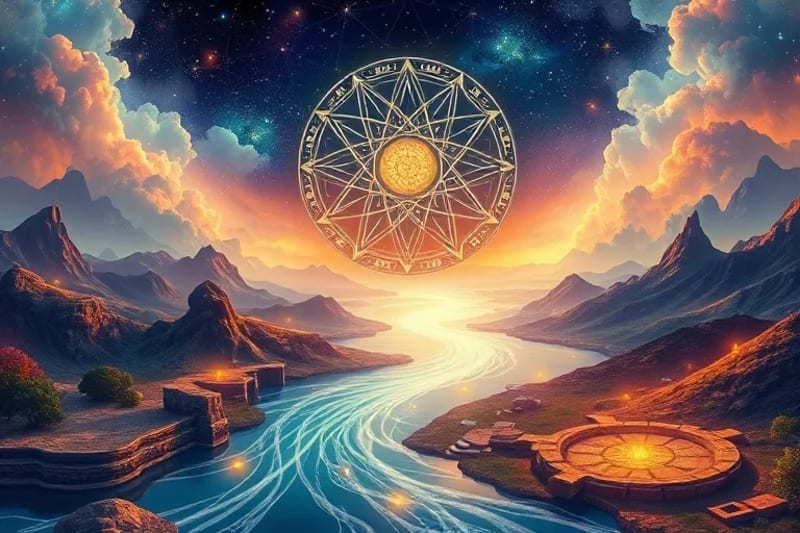 Pintura digital abstracta de río de conocimiento con símbolos astrológicos