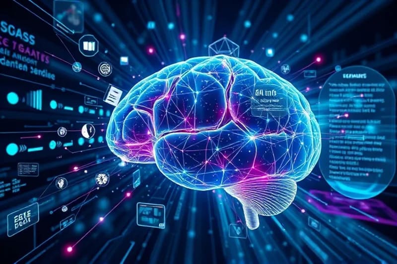 Caminos neuronales abstractos fusionándose con datos digitales