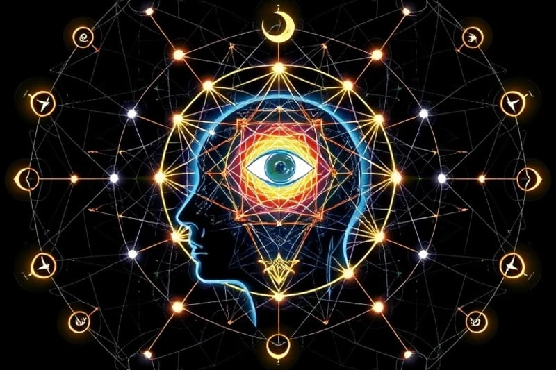 Abstract digital brain with dream symbols