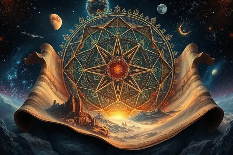 Mystical oil painting of an astral landscape on a scroll
