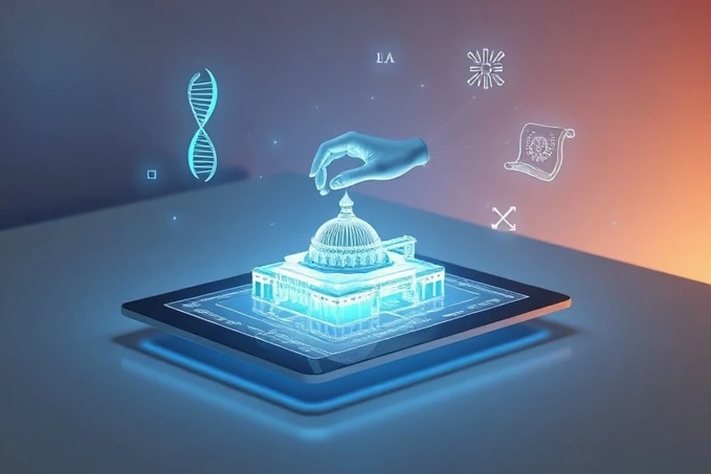 Mesa futurista con proyecciones holográficas y símbolos de conocimiento