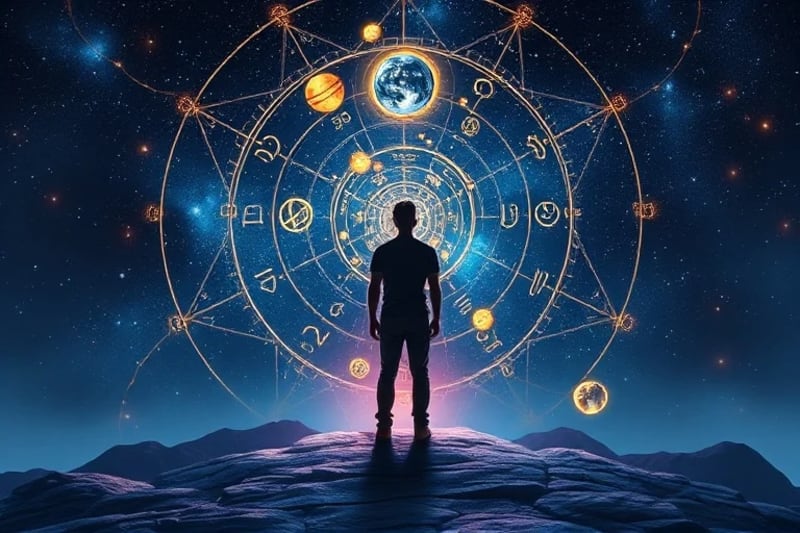 Persona en encrucijada con símbolos planetarios y casas astrológicas