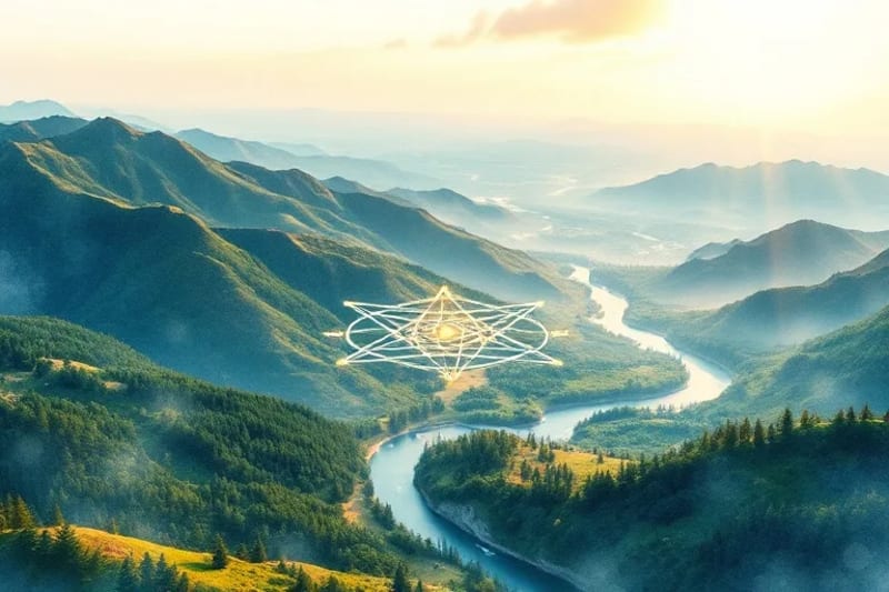 Watercolor illustration of glowing ley lines across a landscape with a crystal grid