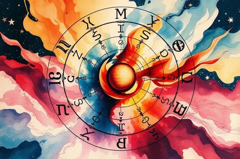 Pintura abstracta de símbolos astrológicos y cósmicos entrelazados