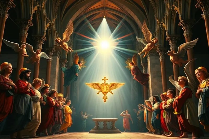 Pintura renacentista detallada de una corte celestial con serafines, querubines y arcángeles en adoración, mirando hacia un símbolo divino central con luz etérea.