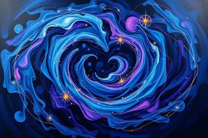 Abstract oil painting of swirling blue and purple forms with golden threads