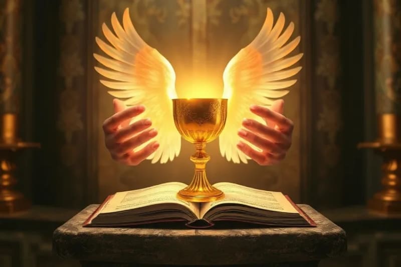 Primer plano macro de la Hostia consagrada y un cáliz dorado en un altar, con luz dorada etérea y manos translúcidas, simbolizando presencia angélica o divina, en adoración.
