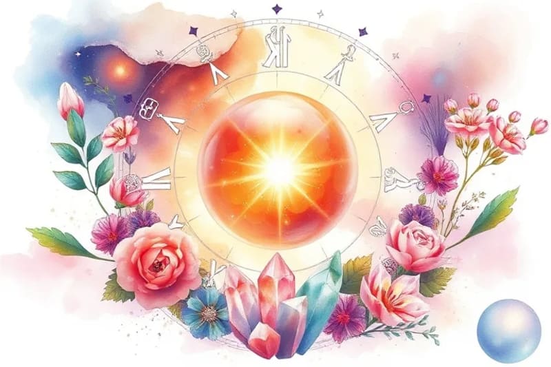 Pintura acuarela de hierbas y cristales alrededor de una esfera luminosa
