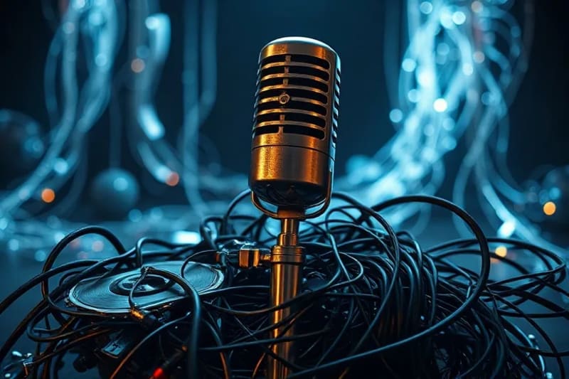 Una maraña de antiguas cintas de audio magnéticas y modernos cables de fibra óptica entrelazados alrededor de un micrófono futurista roto, con flujos de datos abstractos y brillantes de fondo, simbolizando el legado y el cambio tecnológico en la música.