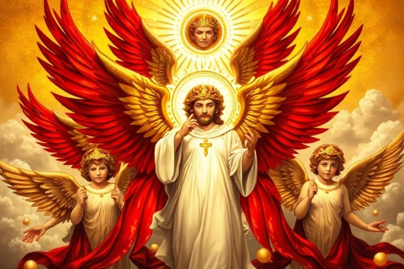 Pintura clásica de Serafines con seis alas rojas y Querubines con múltiples ojos, en un entorno celestial dorado.