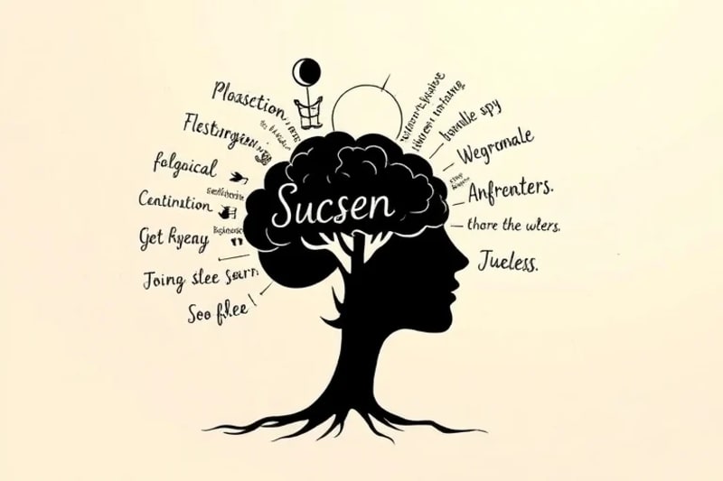 Digital painting of a brain silhouette with positive words and affirmations flowing outwards, transforming into symbols of success and well-being.