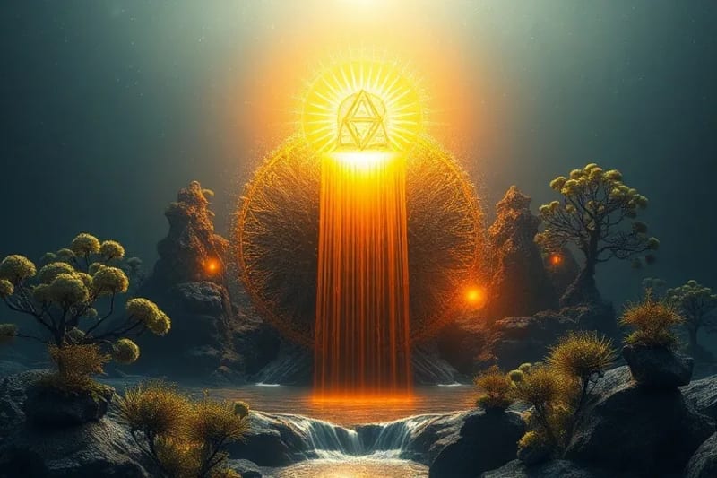 3D render of a stylized head opening, releasing golden light into an environment with growing plants and crystalline structures, symbolizing abundance.