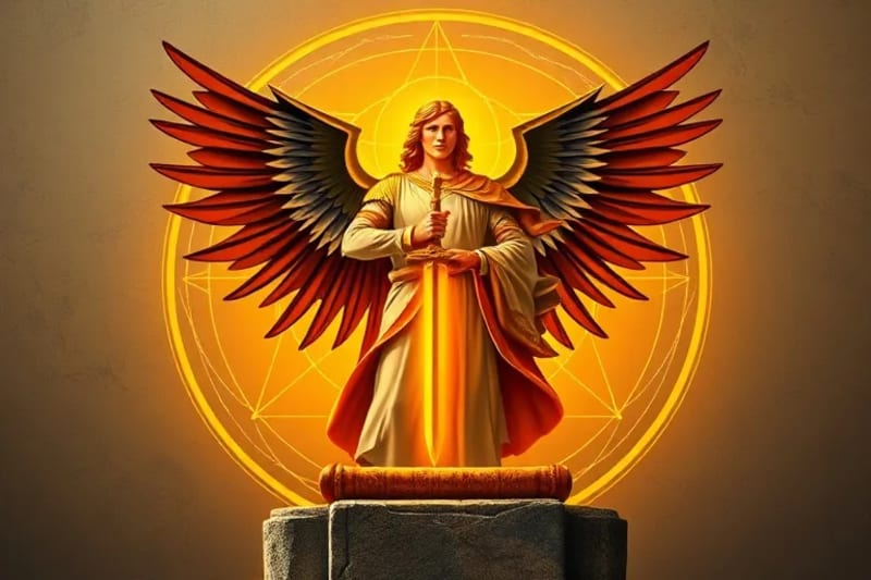Ilustración digital de un Arcángel con espada y escudo, en un estilo vectorial, simbolizando protección y justicia divina.