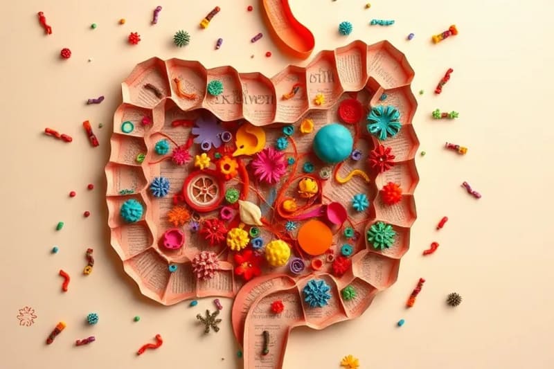 Representación artística de un microbioma intestinal diverso y saludable con múltiples microorganismos.