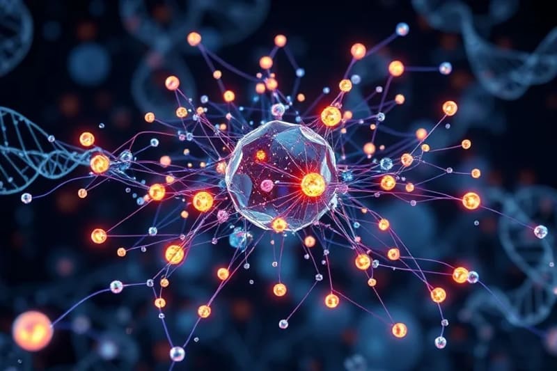 Ilustración científica de una red neuronal de IA analizando datos nutricionales y biológicos.
