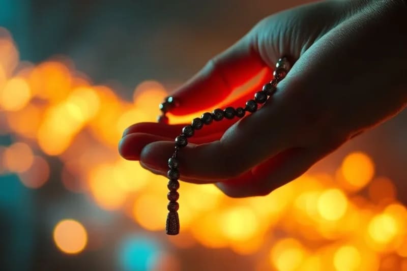 Detalle de una mano sosteniendo un rosario, con un halo de luz digital en el fondo